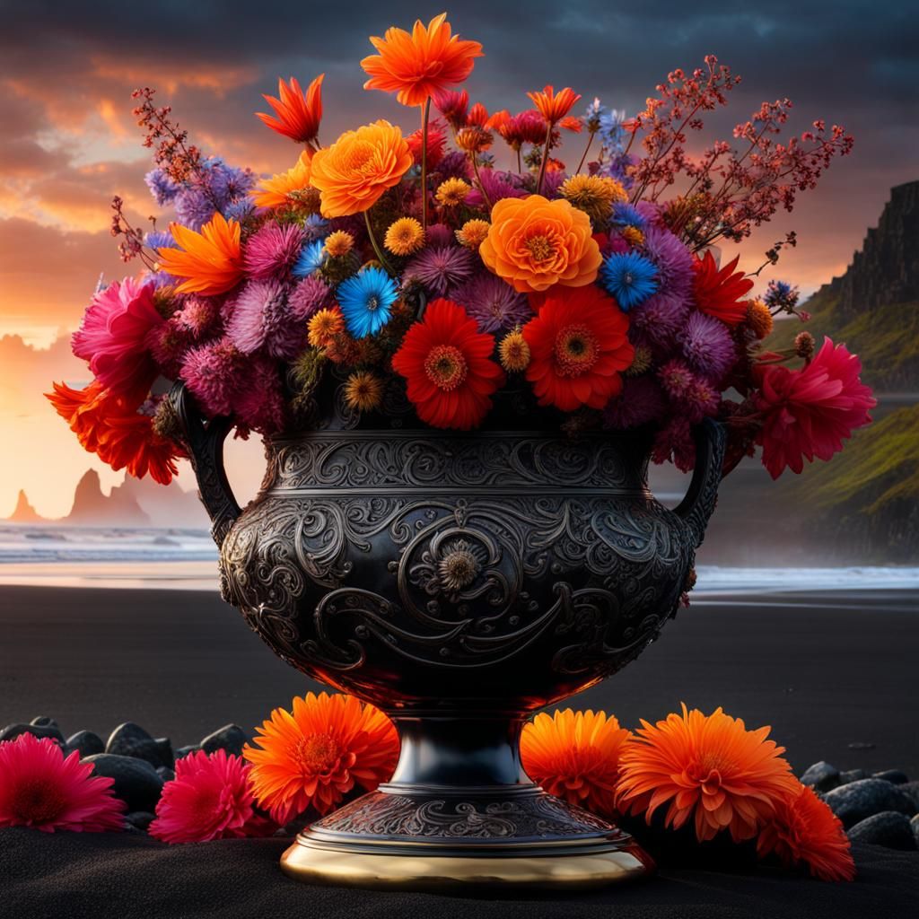 Viking Flowers on Black Sand Beach, Digital Illustration