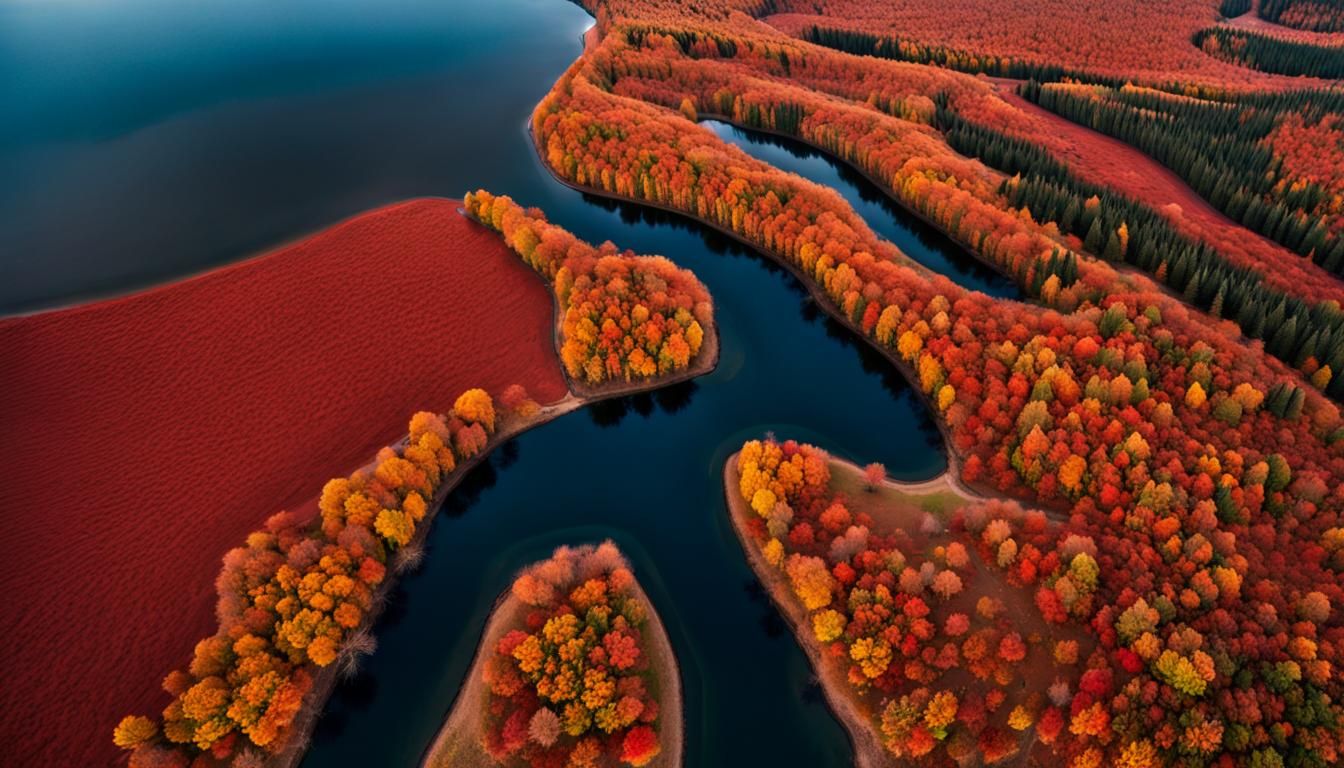 Winding River Through Autumn Forest: Aerial View