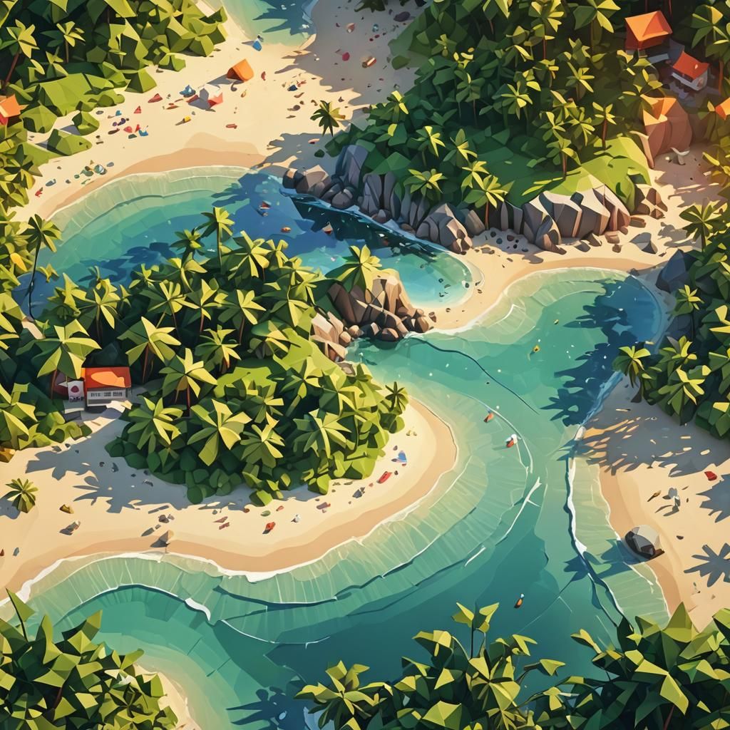 Vibrant Low-Poly Island with Beach in Pixel Art