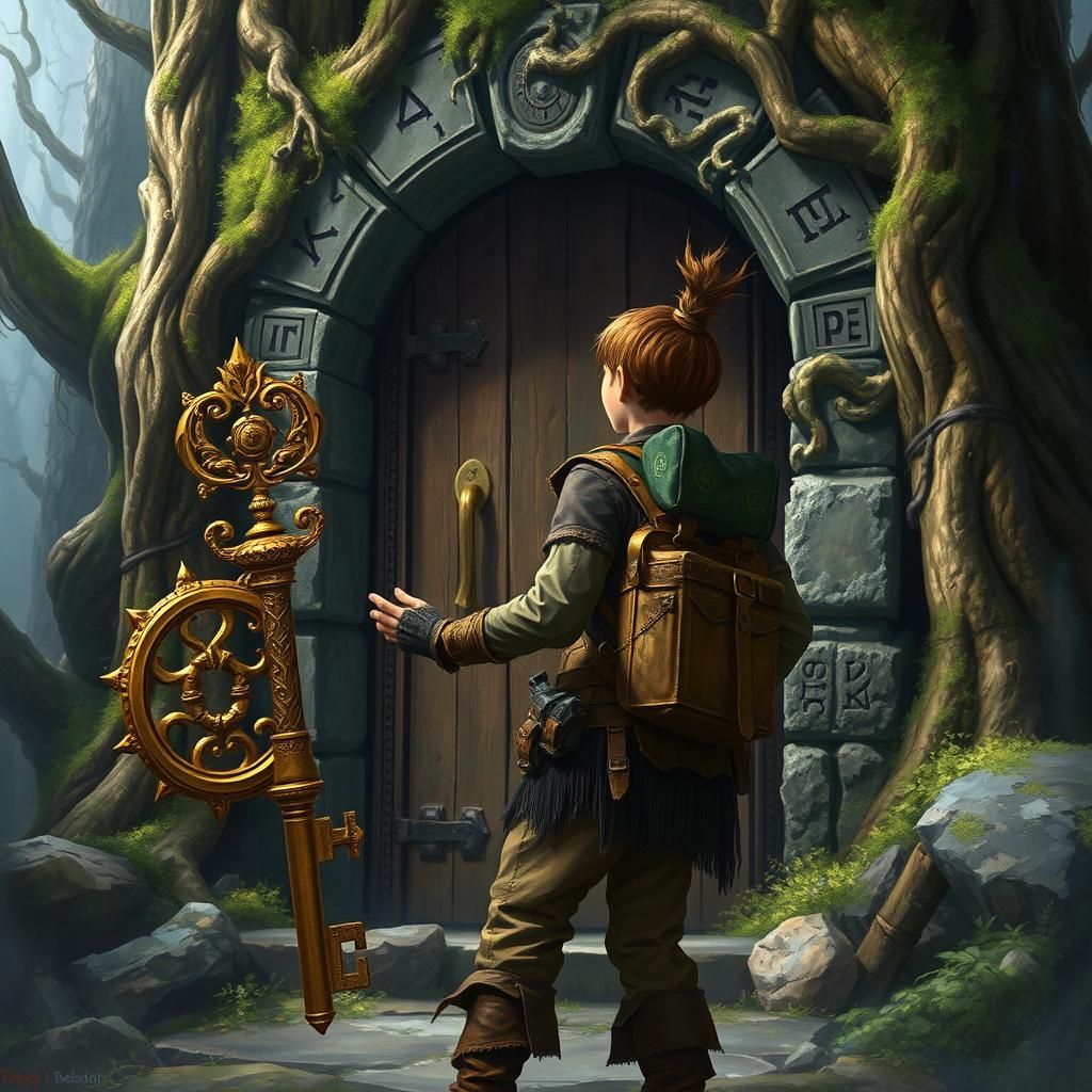 Adventurer with Key at Mystical Forest Door