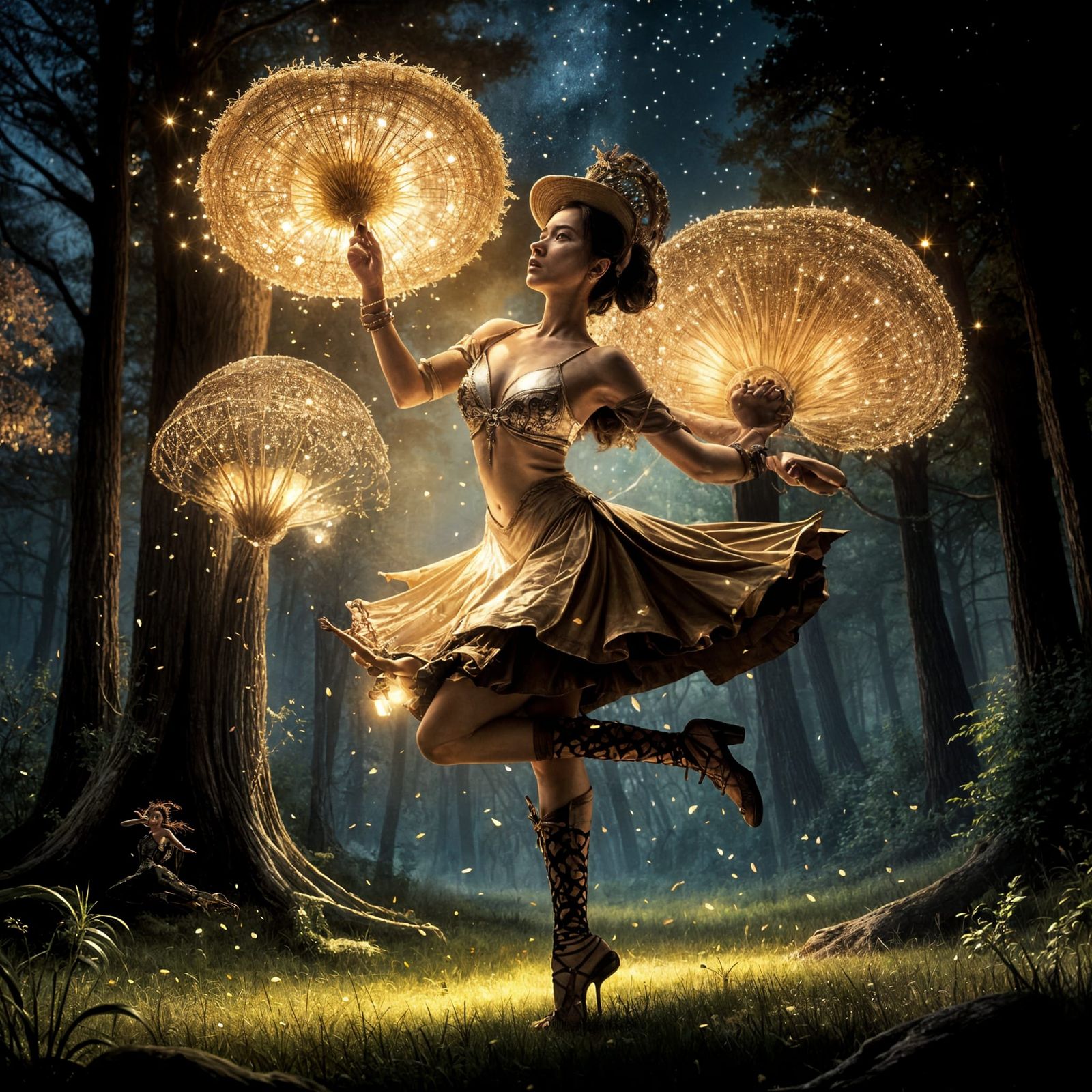Magical Realism Dancer Leaping Over Fantastical Mushrooms