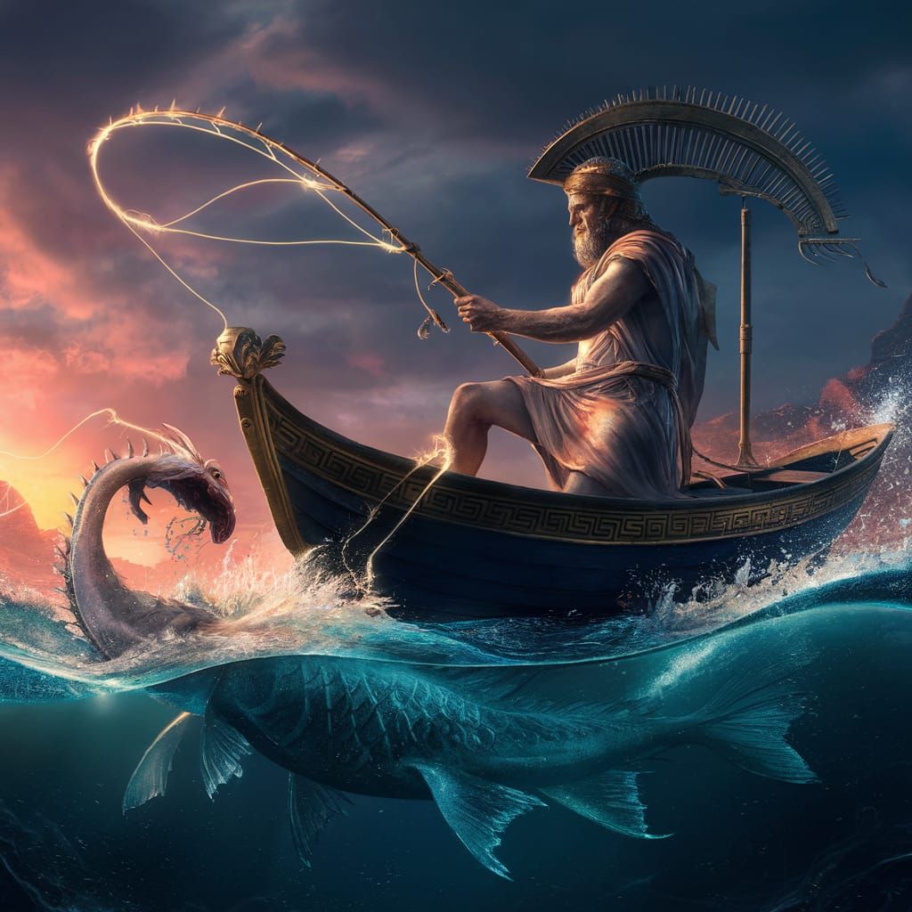 A detailed artwork ancient Greek fisherman on a boat
