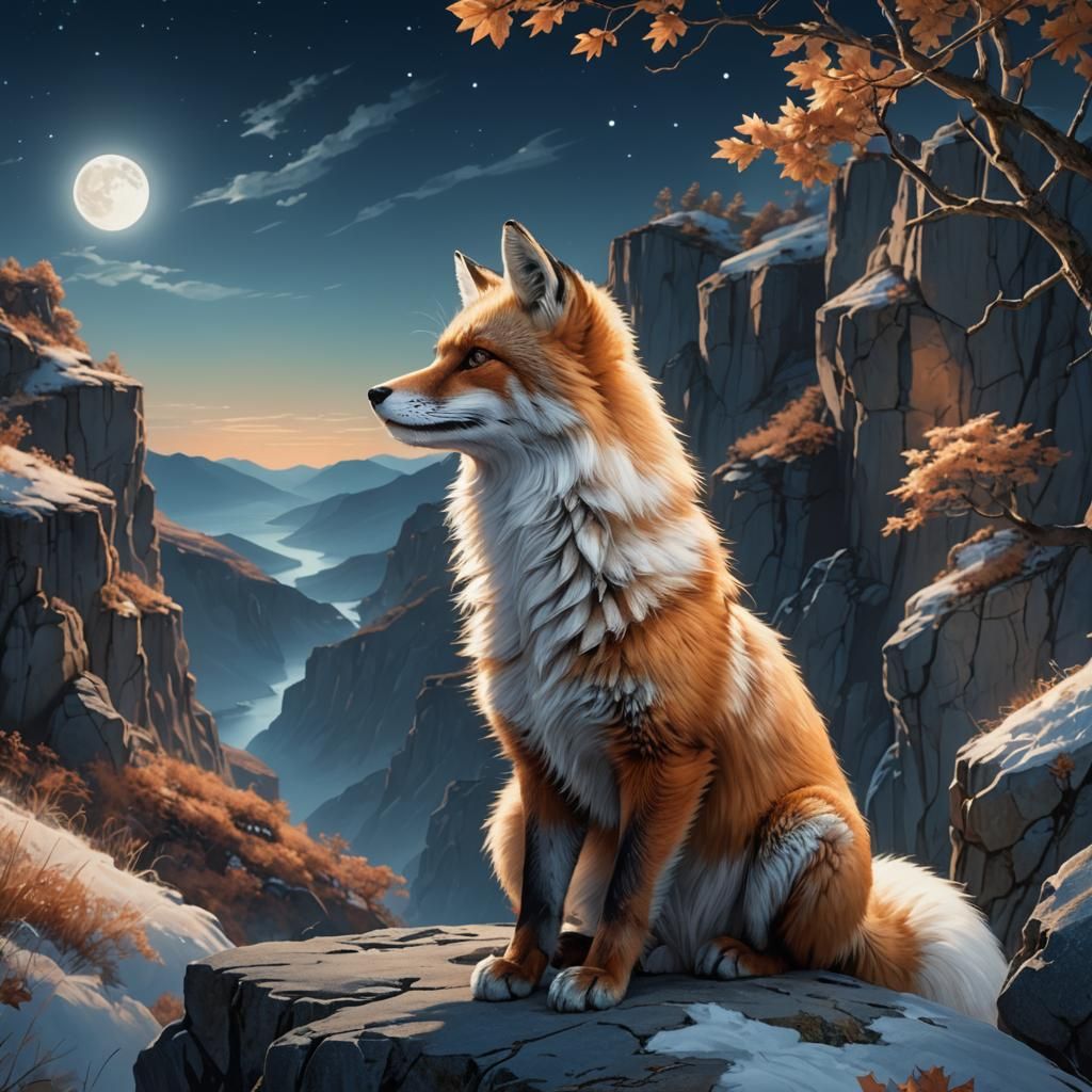 Fox on Moonlit Cliff in Fantasy Art Style