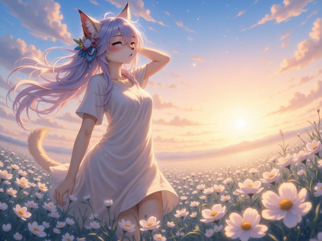 Catgirl Greets Sunrise in Anime Landscape