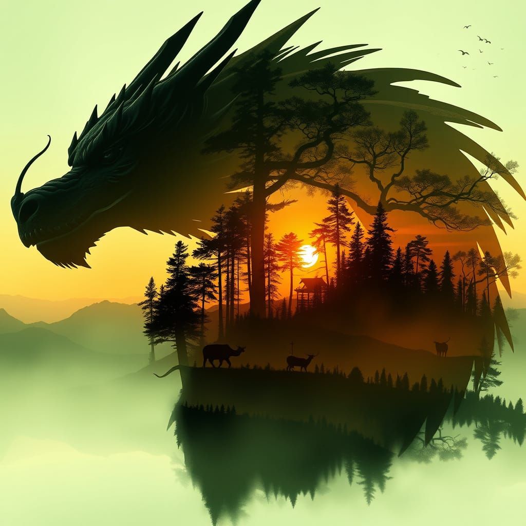 Dragon and Forest Double Exposure Digital Art
