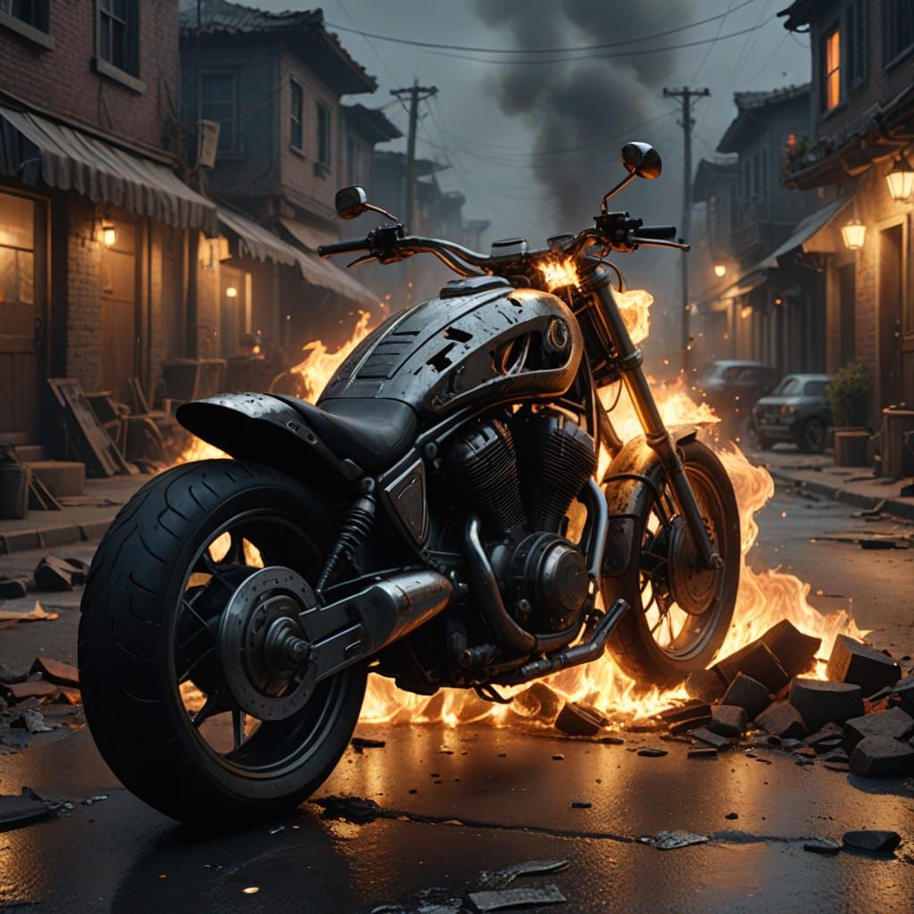 Burning Motorcycle Wreckage on Moonlit Village Street