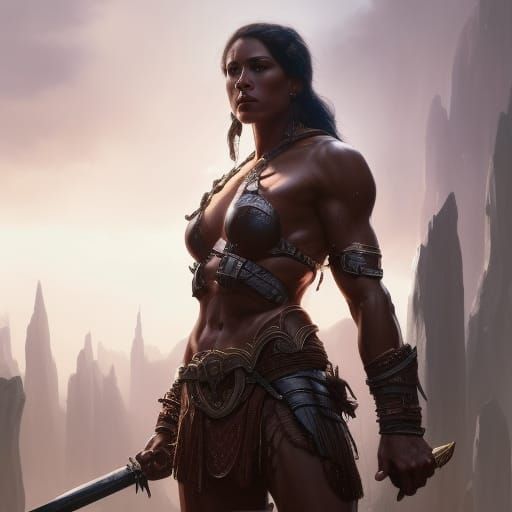 Muscular Barbarian Woman in Dark Fantasy Style