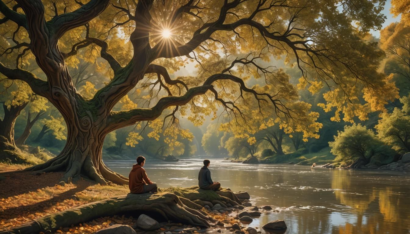 Serene Riverside Scene in Golden Light, 8K