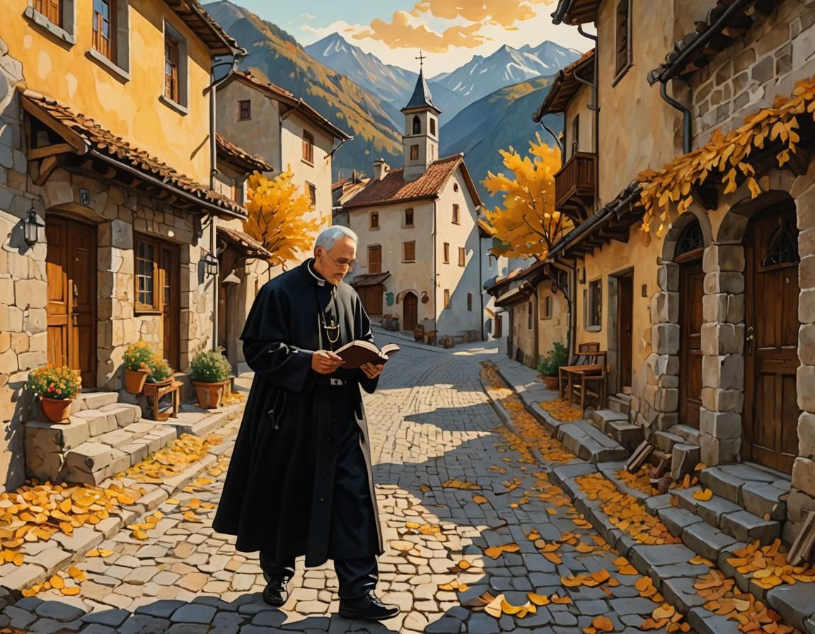 Catholic Priest Reading in Mountain Village: Naive Art