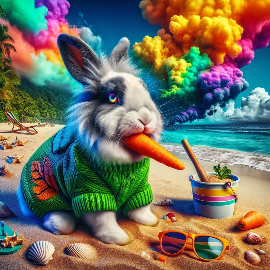 Rabbit on a Tropical Beach in Hyper-Realism