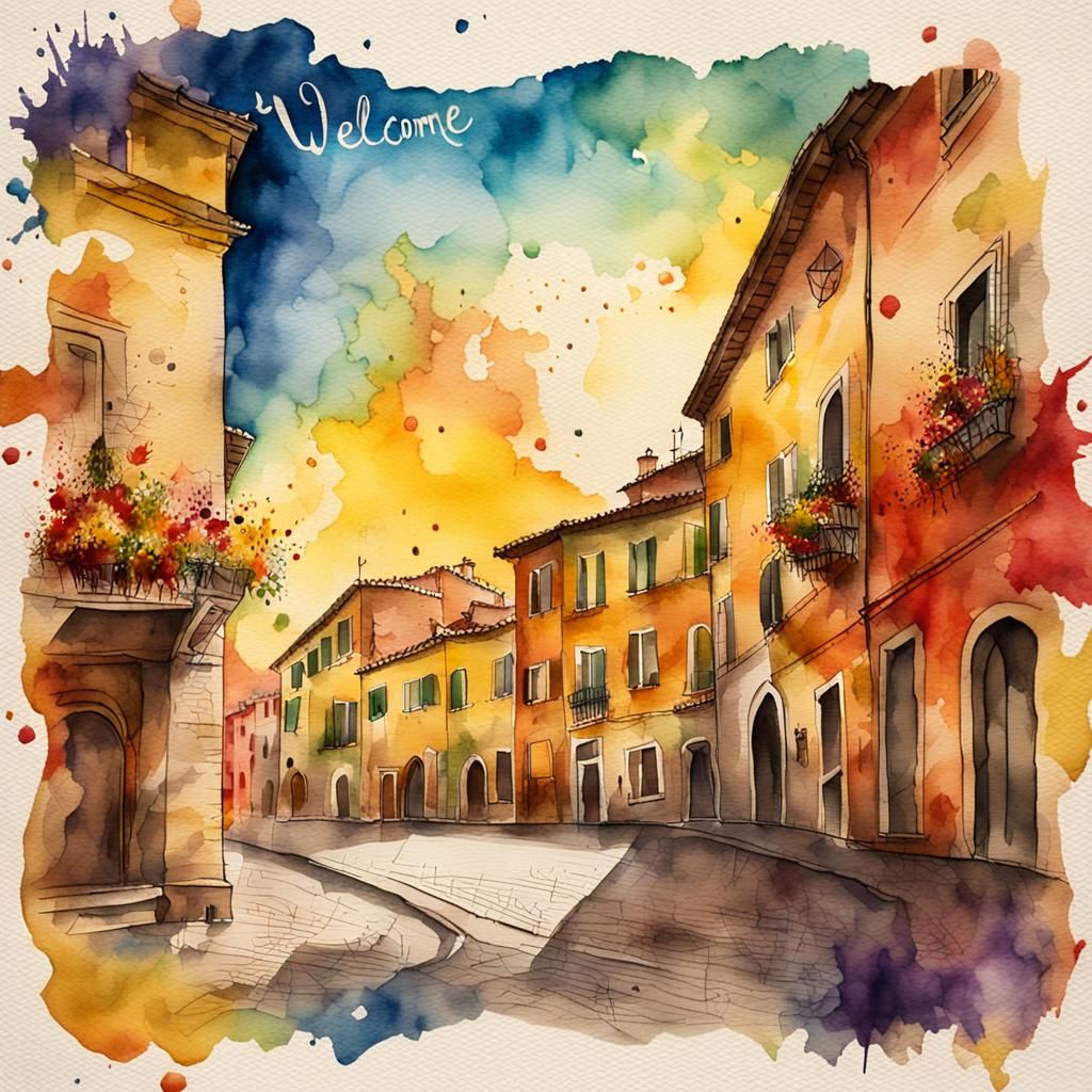 Italian City Scene in Watercolor, Fauvist Style