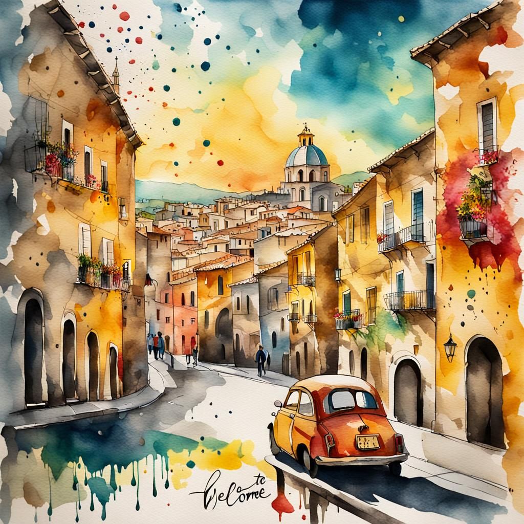 Whimsical Watercolor Postcard of Sicily, Italy