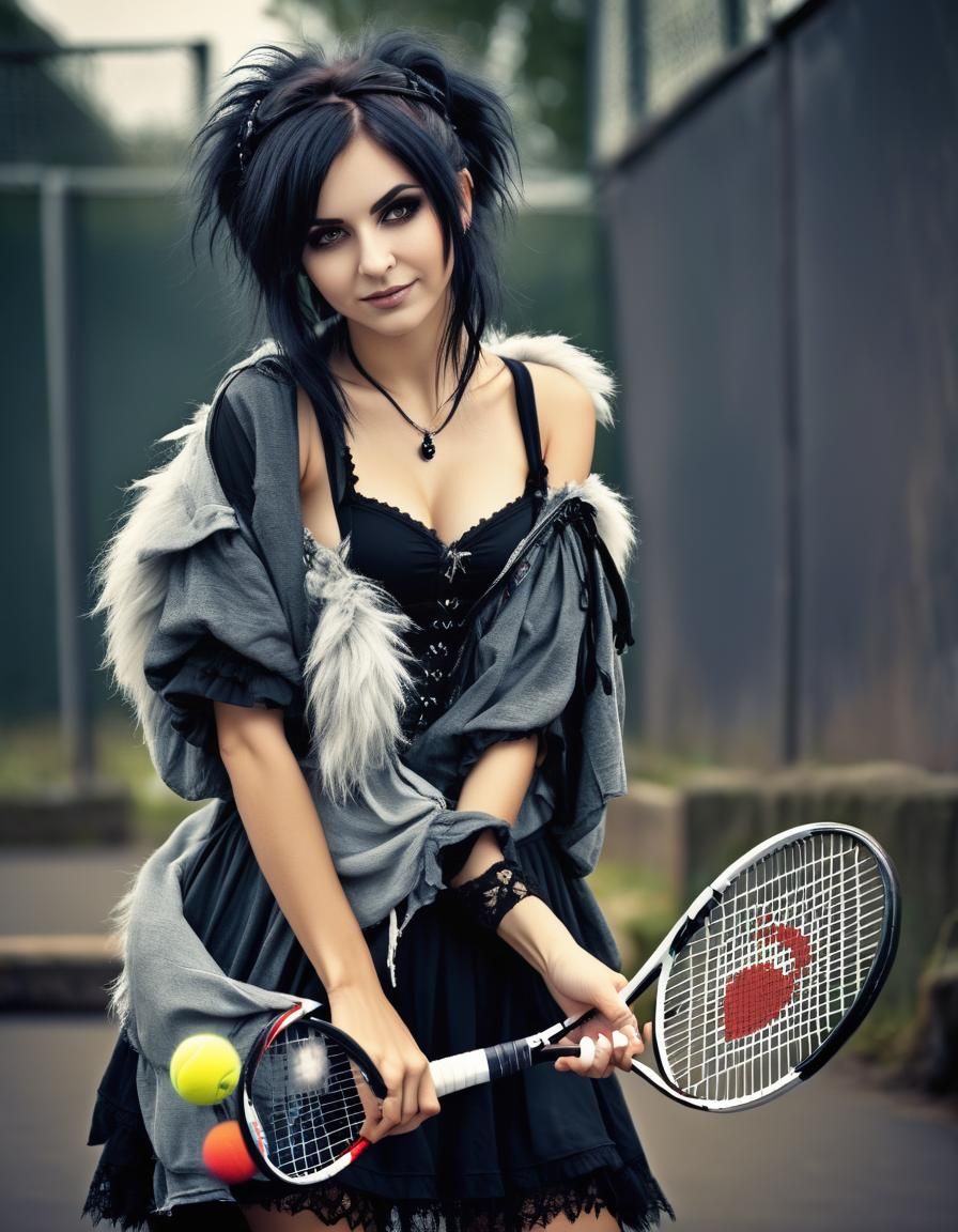 Cute Gothic  woman homeless , playing tennis, lovely fluffy ...