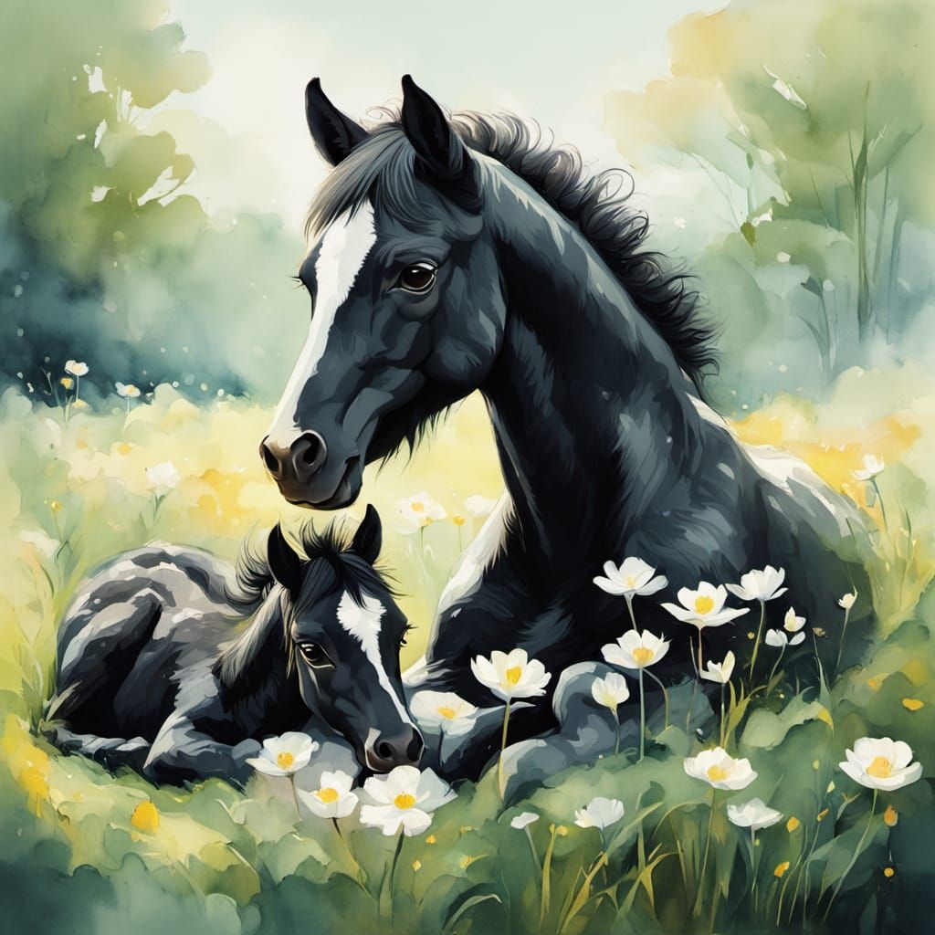 Whimsical Watercolor Foal in a Sunlit Meadow