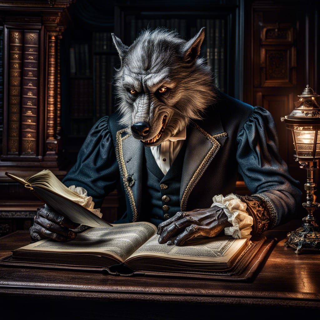 Victorian Werewolf Reads a Tome in Hyperrealistic Detail