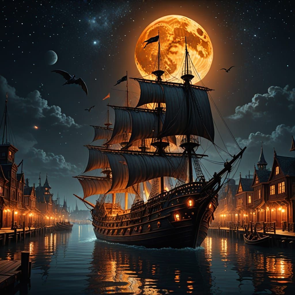 Gothic Harbor Galleon Under Fiery Moon