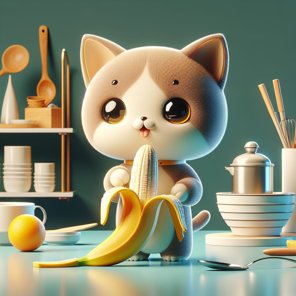 Adorable 3D Cartoon Cat with Banana in Kitchen