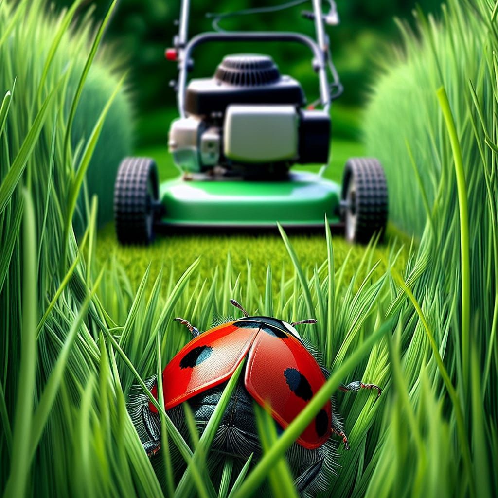 Ladybug's Survival: Lawn Mower Danger in Grass