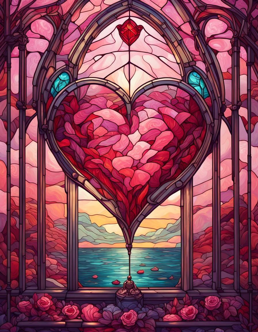 Stained Glass Heart for Valentine's Day in Hyperdetailed Sty...