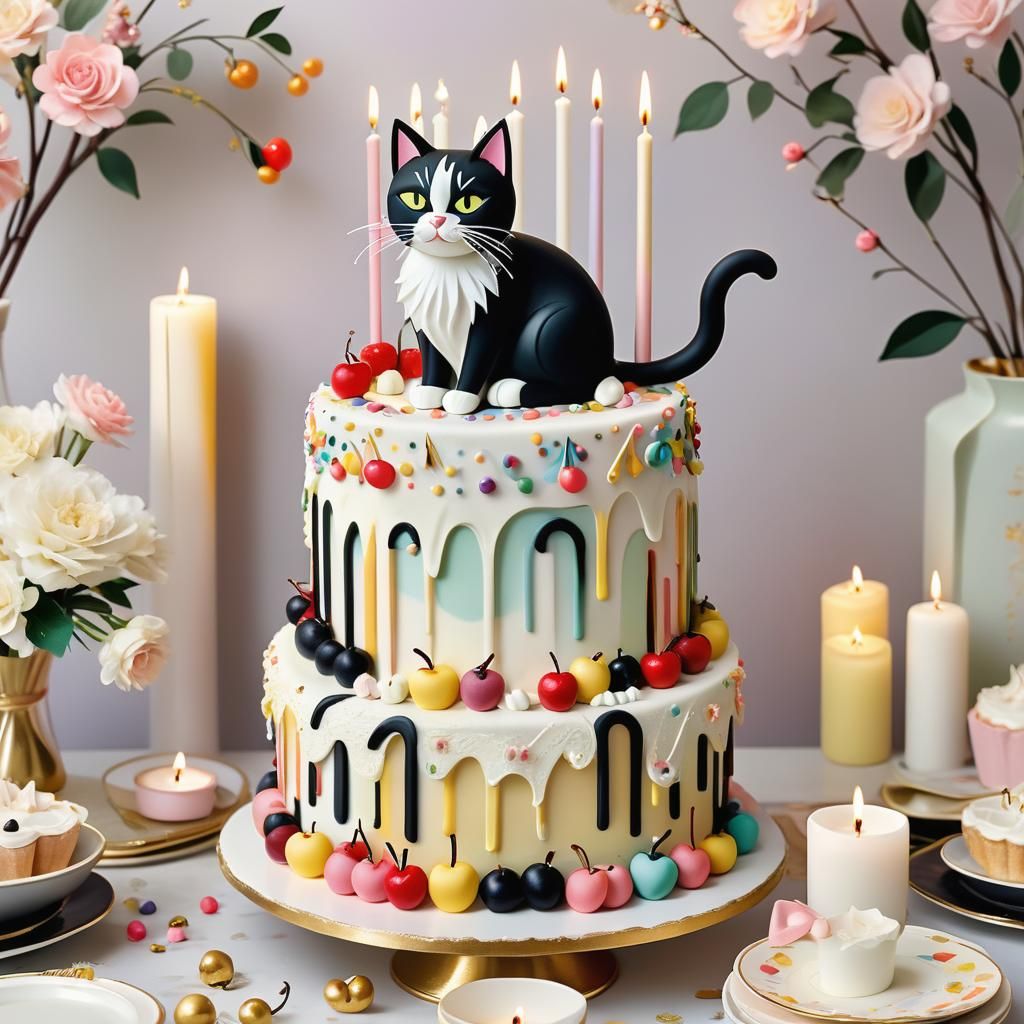 Pastel Birthday Scene with Cat Topper