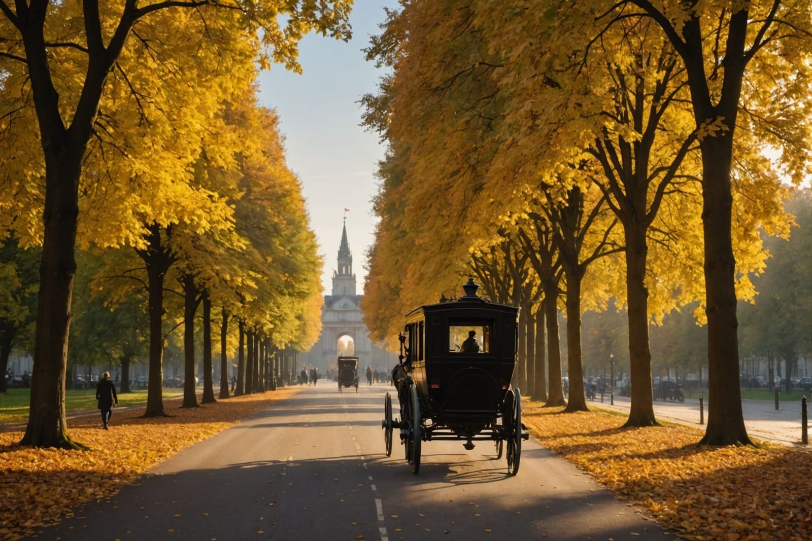 Horse-Drawn Carriage on Autumn Avenue at Golden Hour