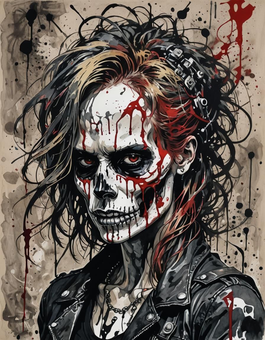 Skull-Faced Punk Rocker in Surreal Ink Painting