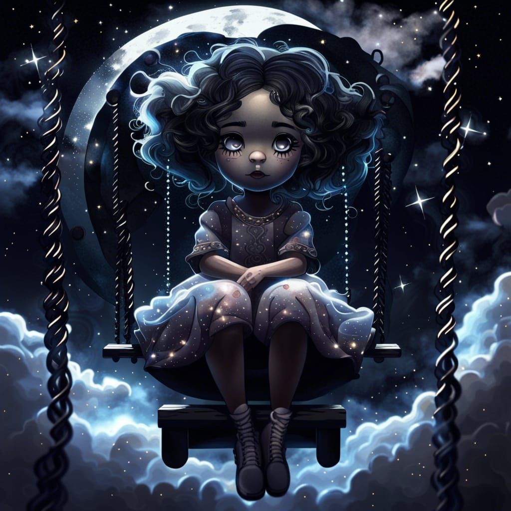 Moon Spirit Girl on Swing in Starry Sky