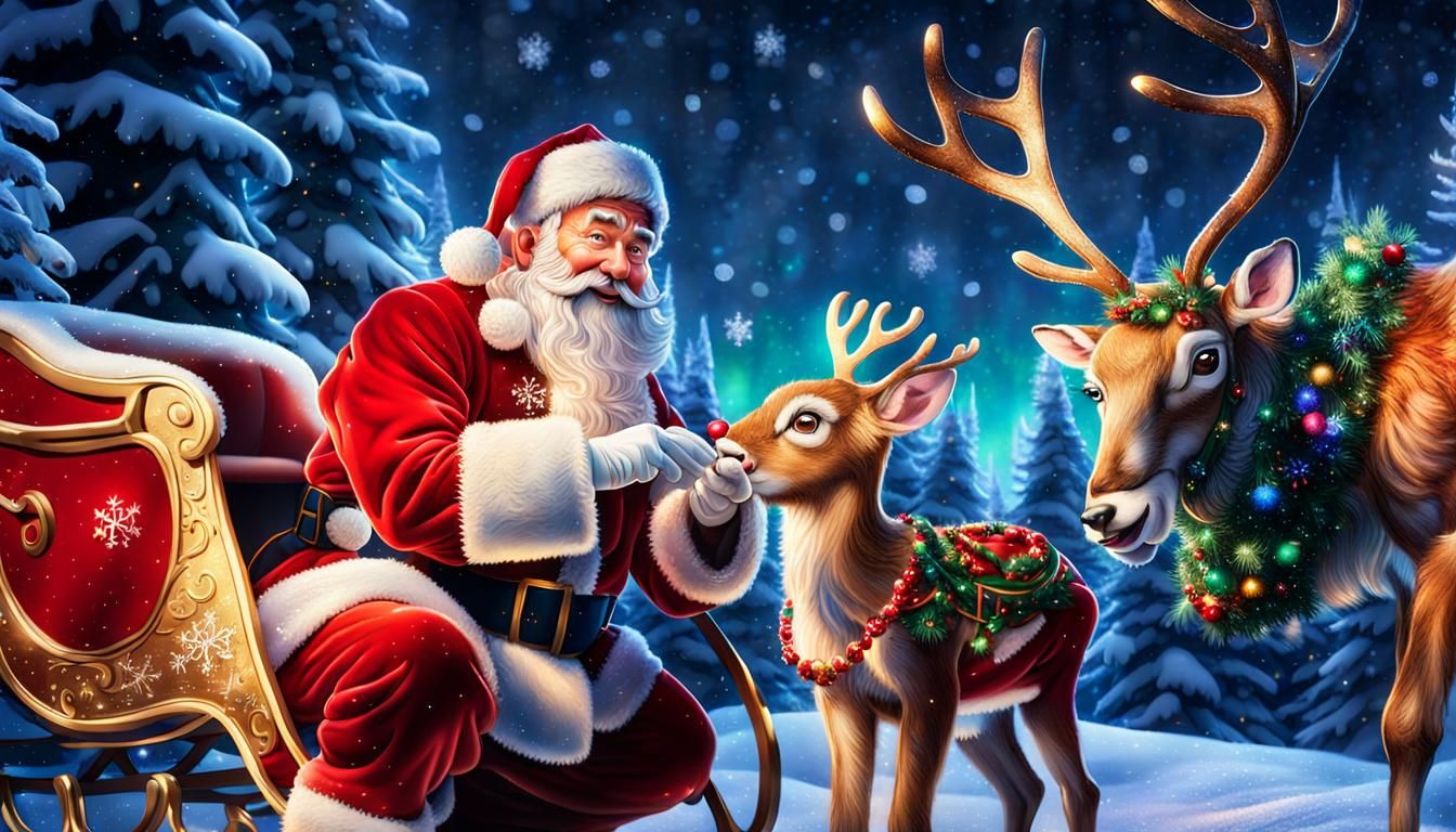 Father Christmas Embraces Baby Rudolph in Winter Wonderland