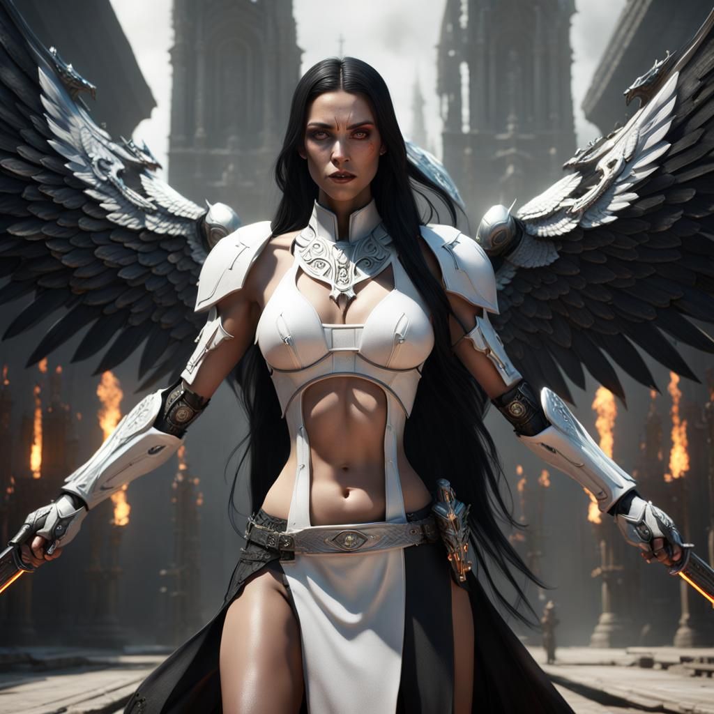 Cyber Nun with Angelic Guardian in Sci-Fi Style