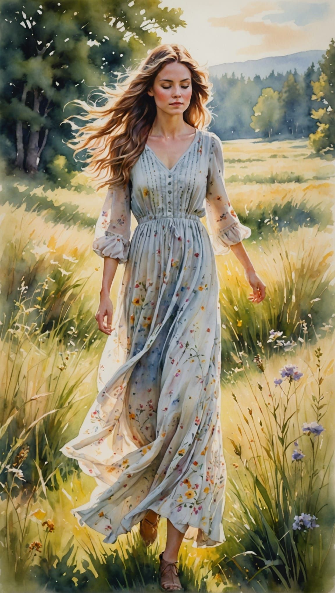 Woman in Sunlit Meadow: Watercolor Painting
