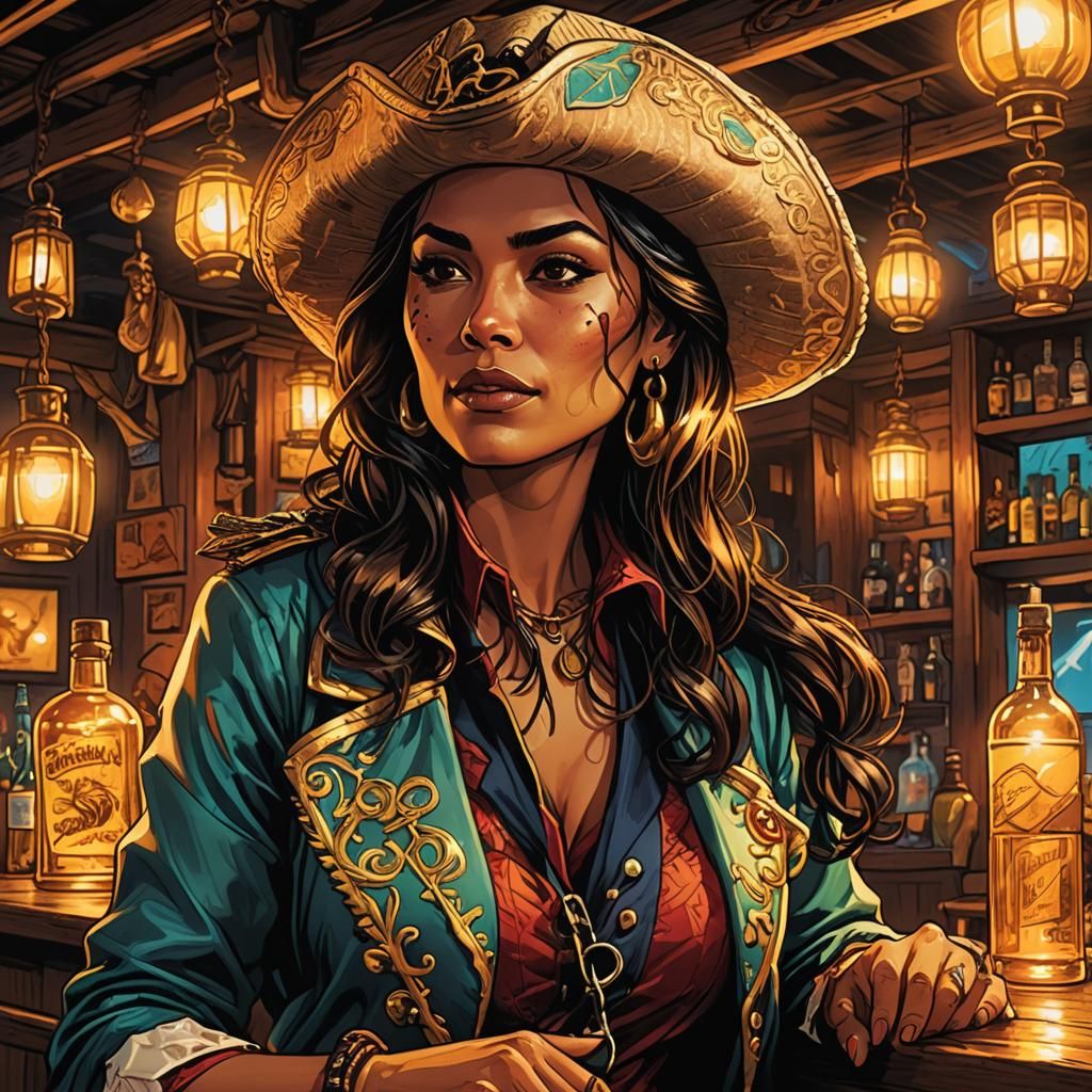 Mexican Pirate Woman in Beach Bar: Comic Book Art