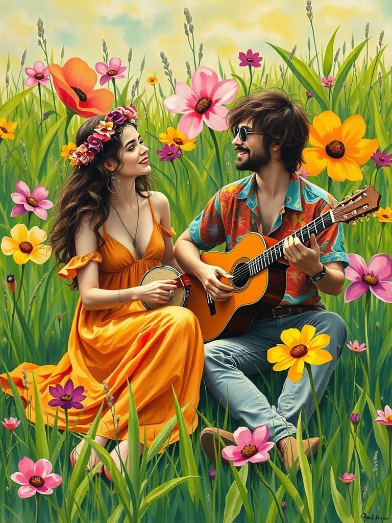 Free-Spirited Boho Couple in Vibrant Graffiti Floral Meadow