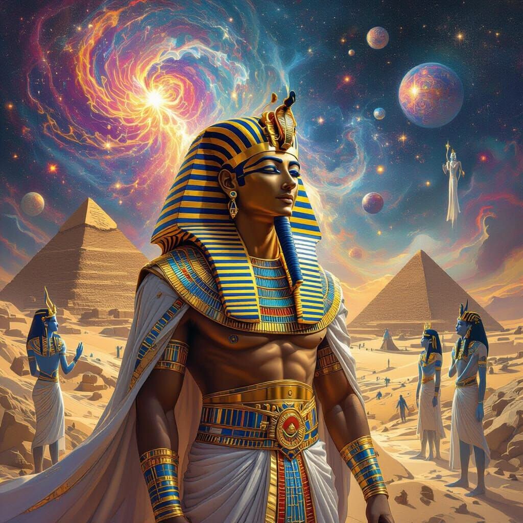 Pharaoh's Afterlife Journey in Psychedelic Art Style