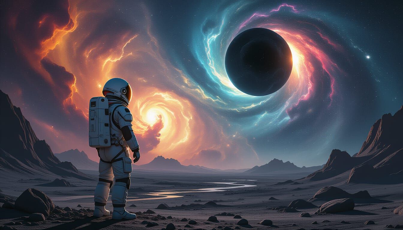 Astronaut Gazing at Cosmic Nebulae in Dark Fantasy Style