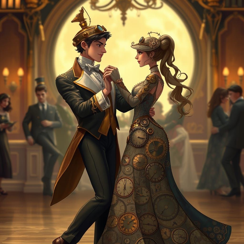 Clockwork Couple Dancing in Moonlit Ballroom