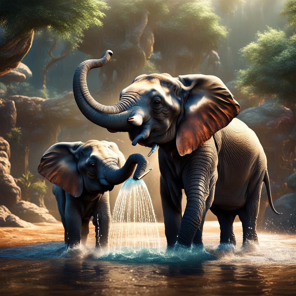 Baby Elephants Play in Watering Hole: Fantasy Art