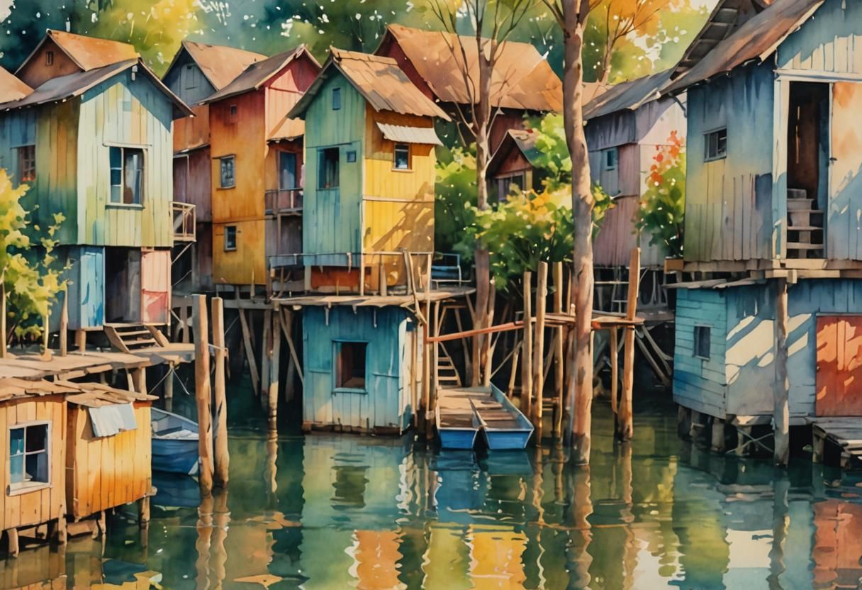Colorful Waterfront Villages in a Tranquil Lake Town