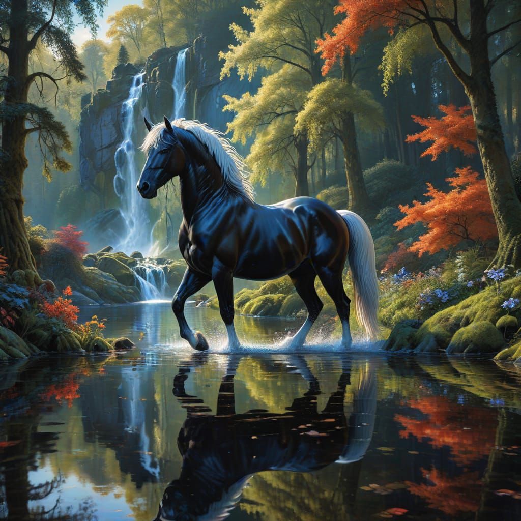 Black Horse Meets Unicorn Reflection in Autumn Forest