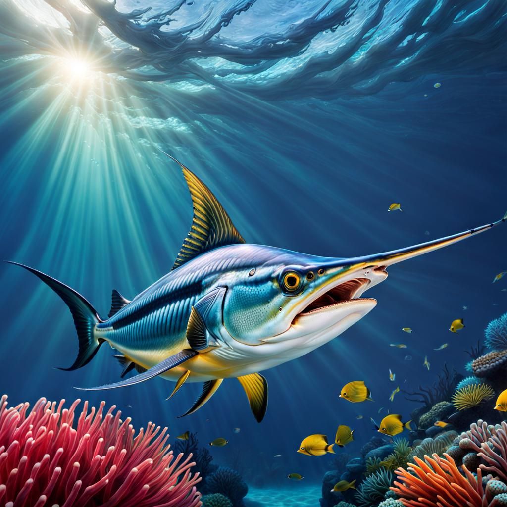 Vibrant Underwater Close-Up of Swordfish Hunting