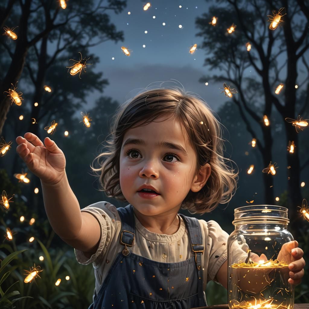 Girl Catching Fireflies at Twilight, Digital Illustration