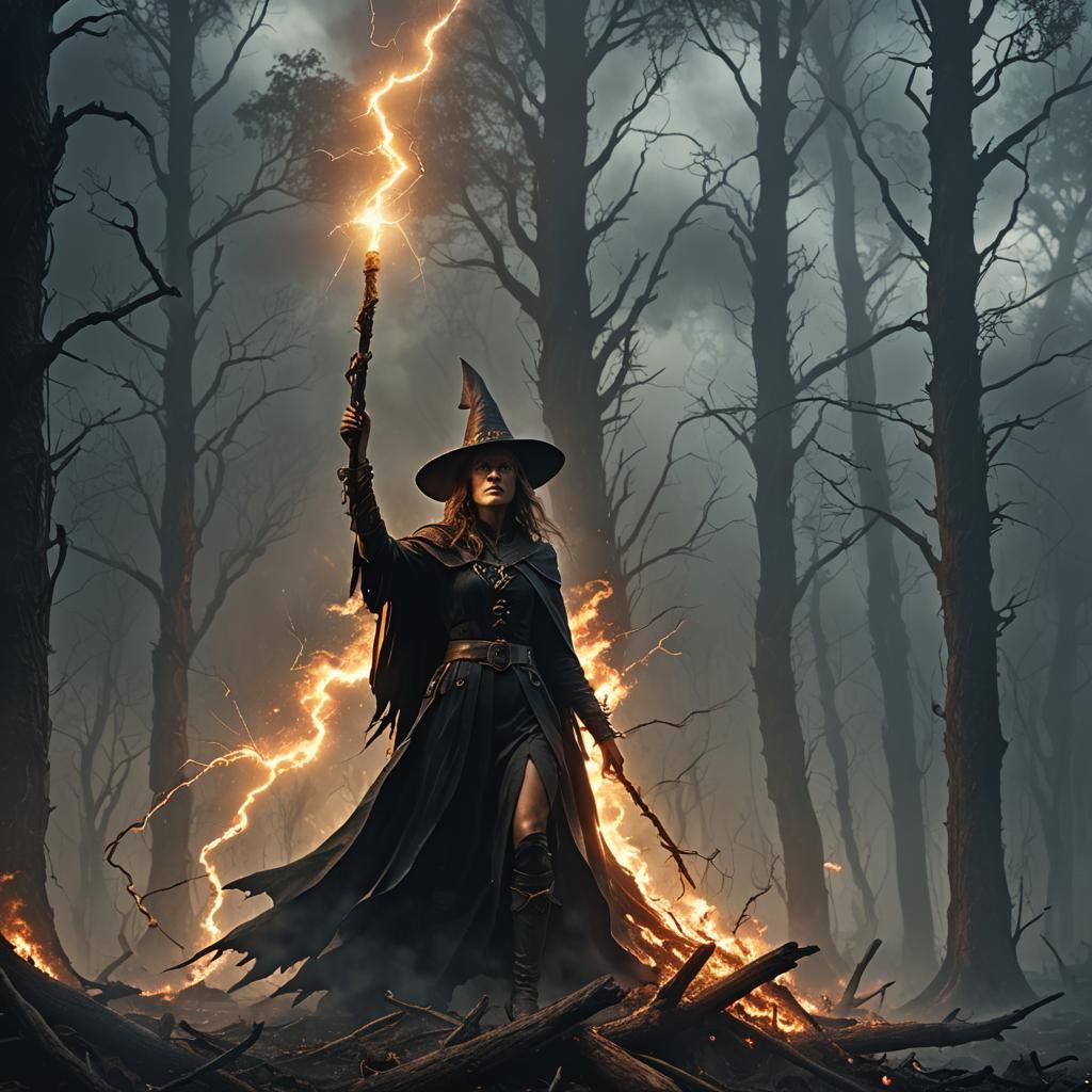 Witch Burning at Stake in Dark Forest