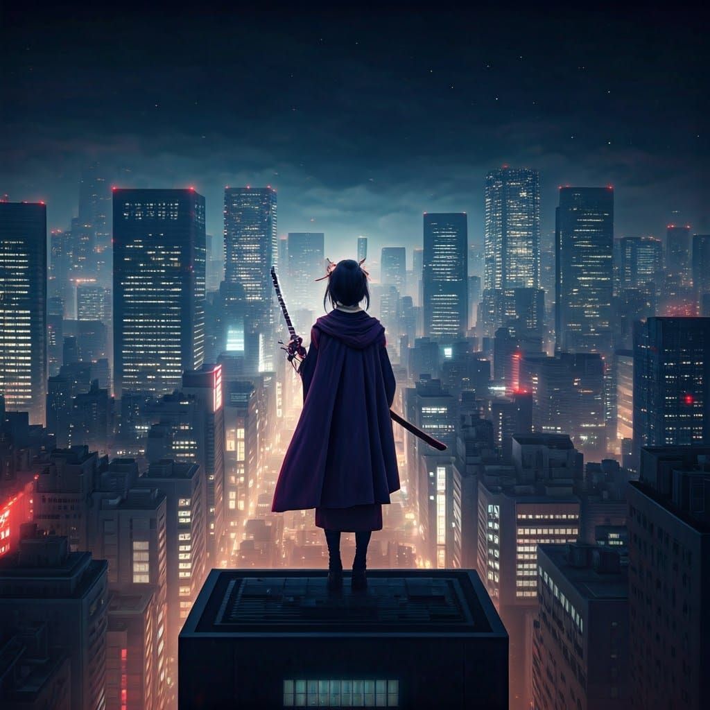 Geisha Superhero in Futuristic Tokyo Skyline