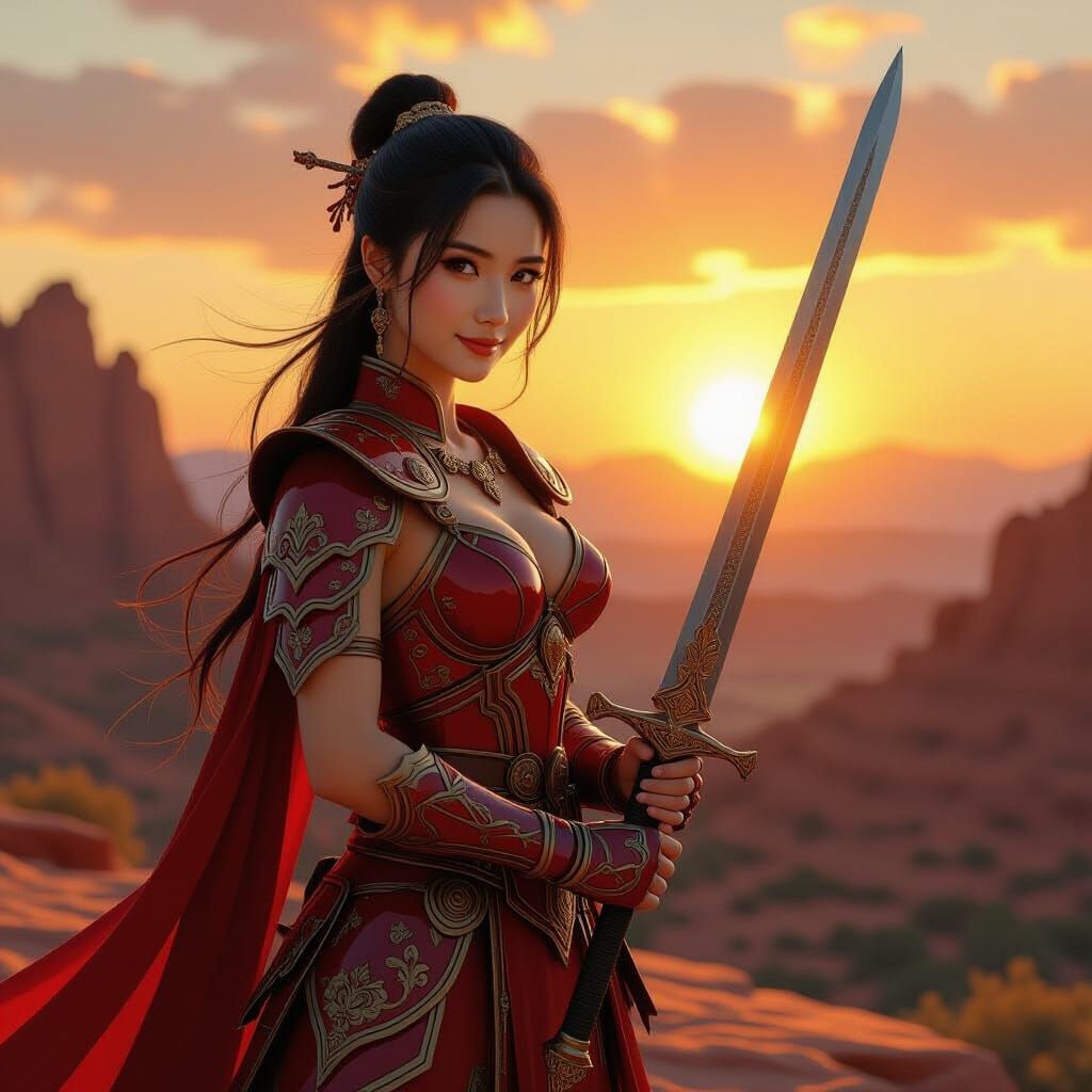 Serene Warrior on Red Rock Mountain in Art Nouveau Style