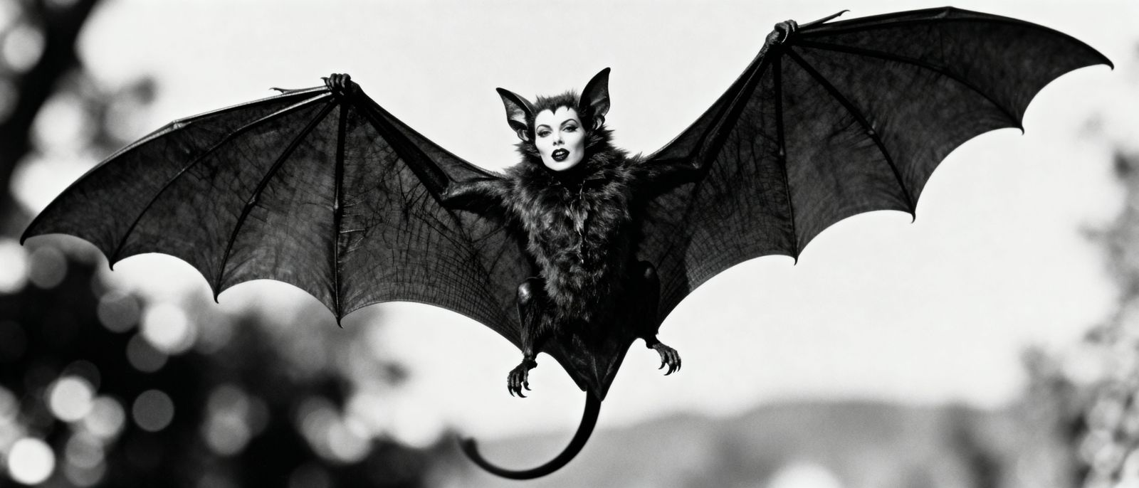Vampire Bat Woman Hybrid in Dramatic Black and White