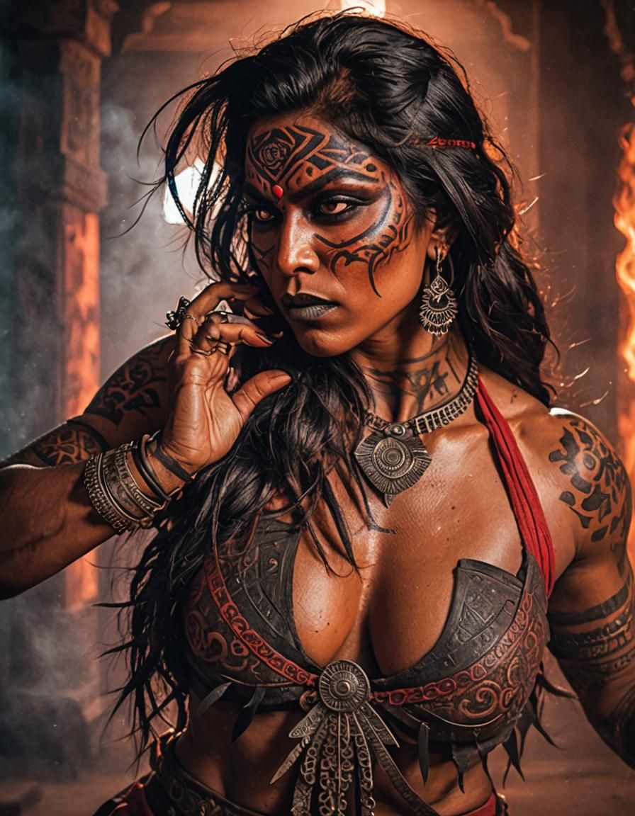 Fearsome Indian Warrior Woman in Dramatic Horror Style