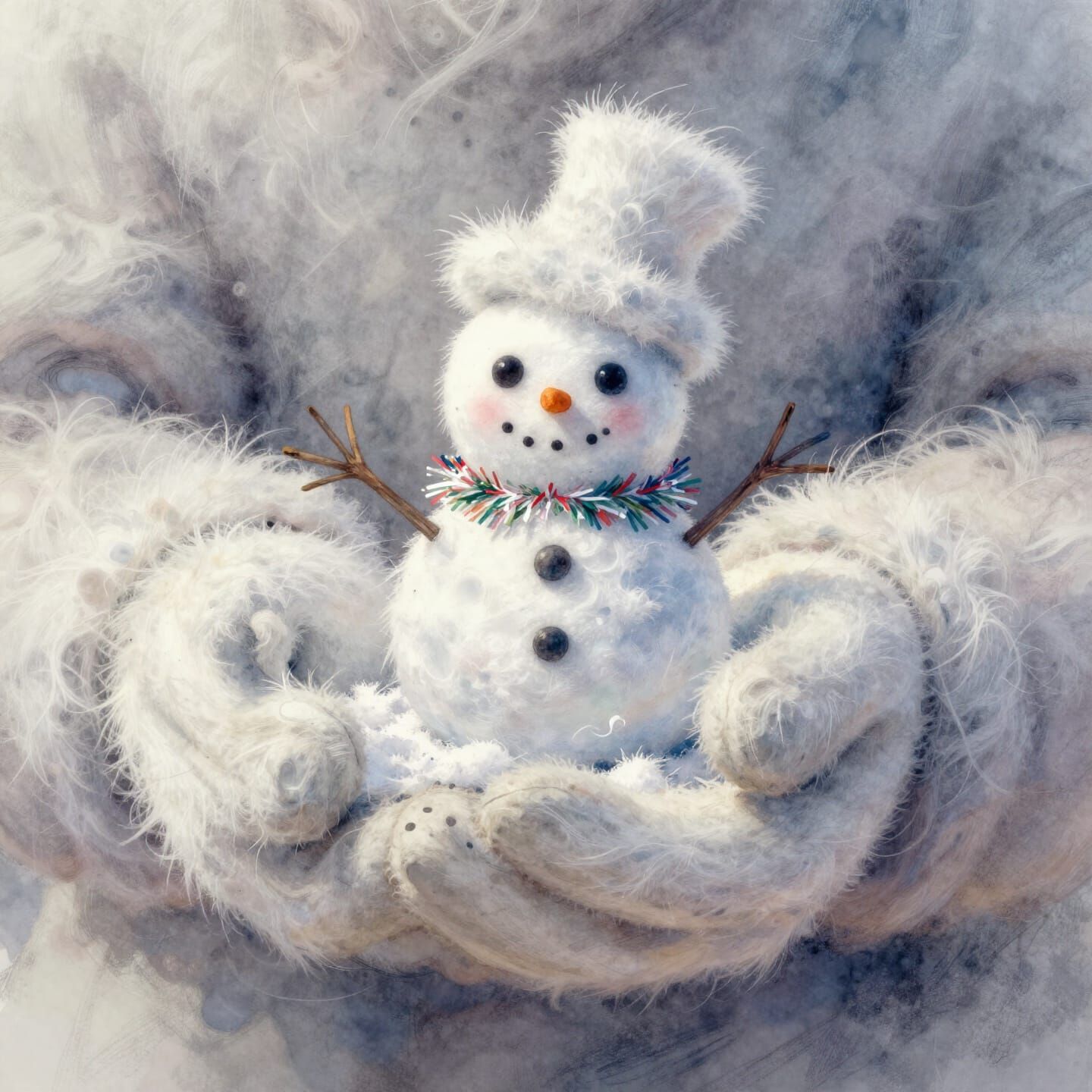 Fluffy Mittens Holding Snowman in Dreamy Watercolor Style