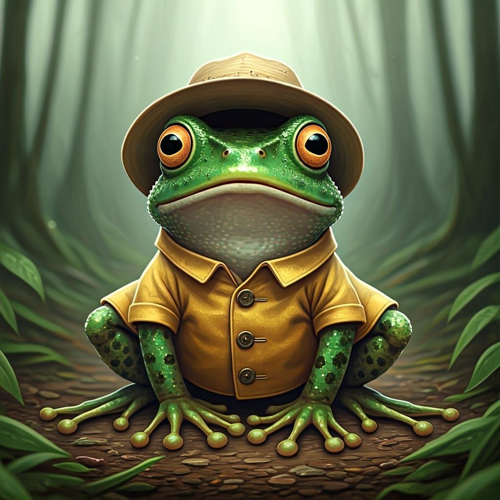 Frog in Raincoat Shocked in Misty Forest
