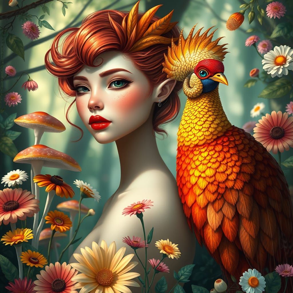 Human Chimera and Golden Pheasant in Whimsical Forest