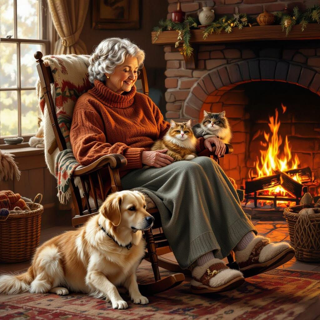 Charming Grandmother by Fireplace in Rockwell Style