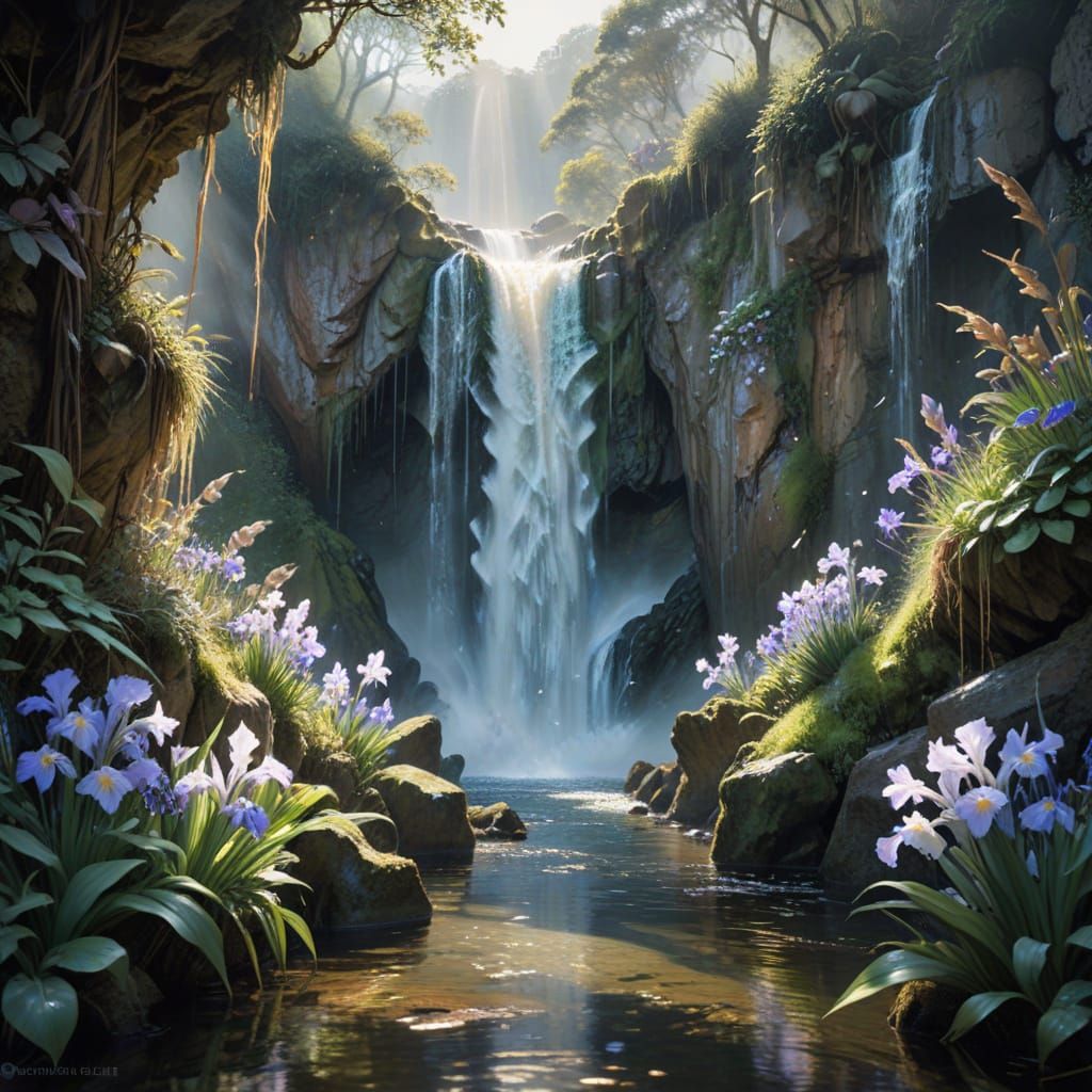Majestic Waterfall: Watercolor Painting with Ethereal Glow